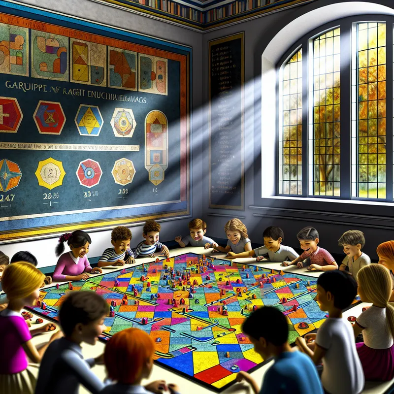 Kinderen in een klaslokaal spelen een educatief spel om wiskunde te leren, ze zijn enthousiast en samenwerken rondom een kleurrijk spelbord