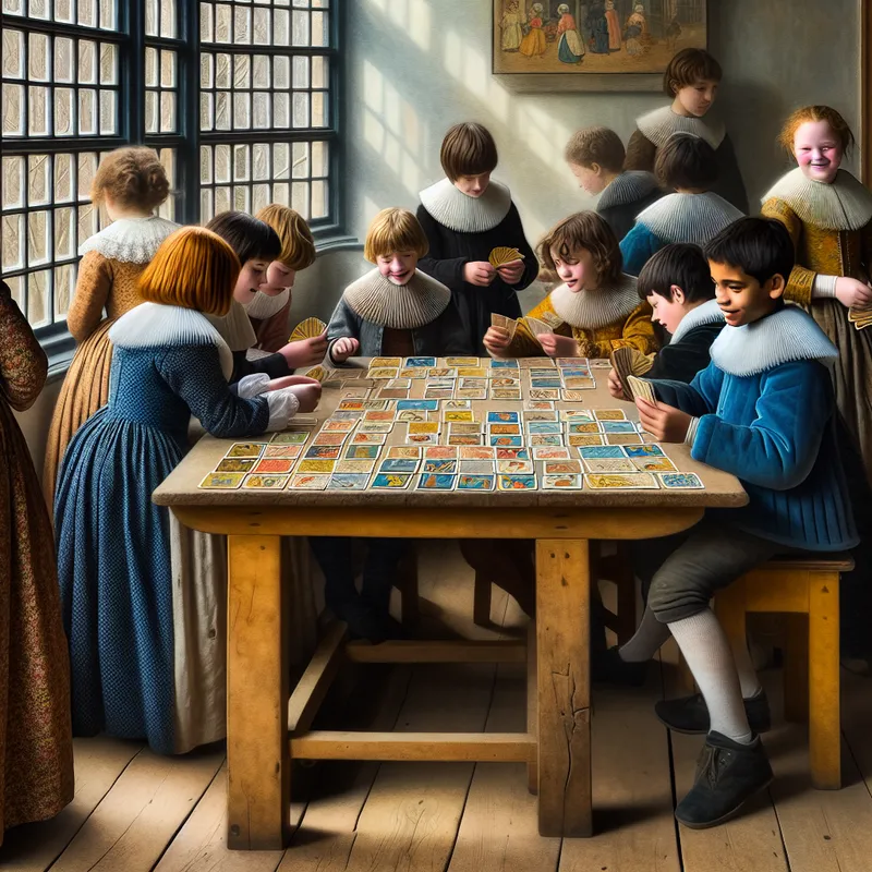 Kinderen in 17de-eeuwse kleding spelen vrolijk met kleurrijke educatieve kaarten rond een houten tafel.