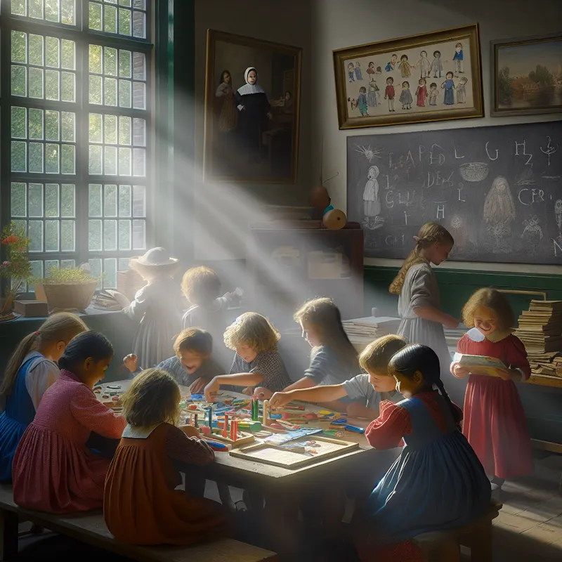 Groep kinderen in een zonnige klaslokaal, spelend met educatieve bordspellen en puzzels.