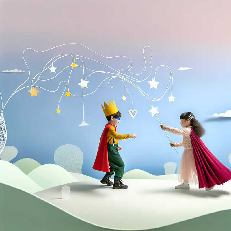 Twee kinderen spelen in een kleurrijke fantasiewereld met sterren en harten, verkleed als held en tovenaar in de stijl van Dick Bruna