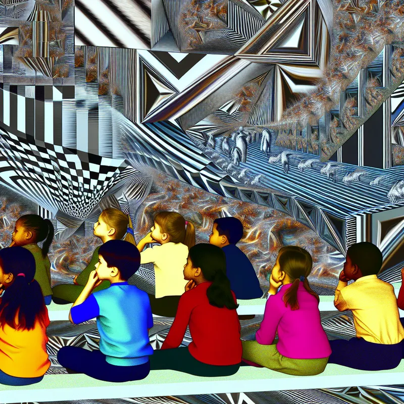 Kinderen fluisteren en roddelen in een levendige schoolomgeving, afgebeeld in een surrealistische stijl met geometrische vormen, geïnspireerd door M.C. Escher.