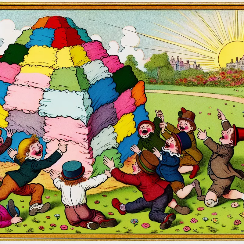 Een kleurrijke cartoon van kinderen die samen spelen in een zonnig park bij een grote, grappige zandkasteel.