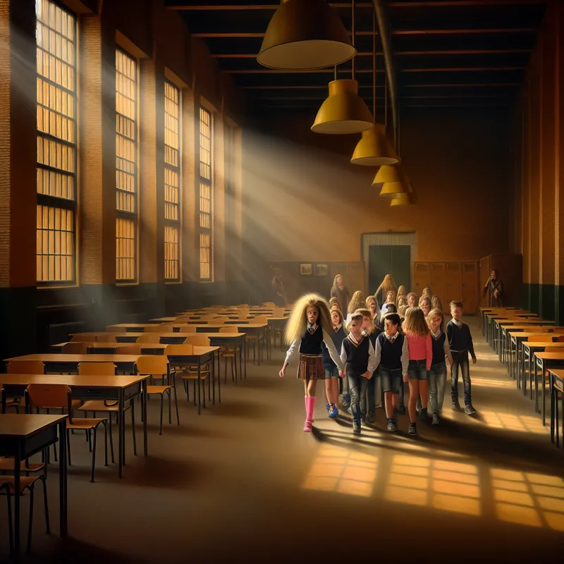 Kinderen in een warme klas, vrolijk naar de schoolpoort lopen, één meisje leidt de groep.