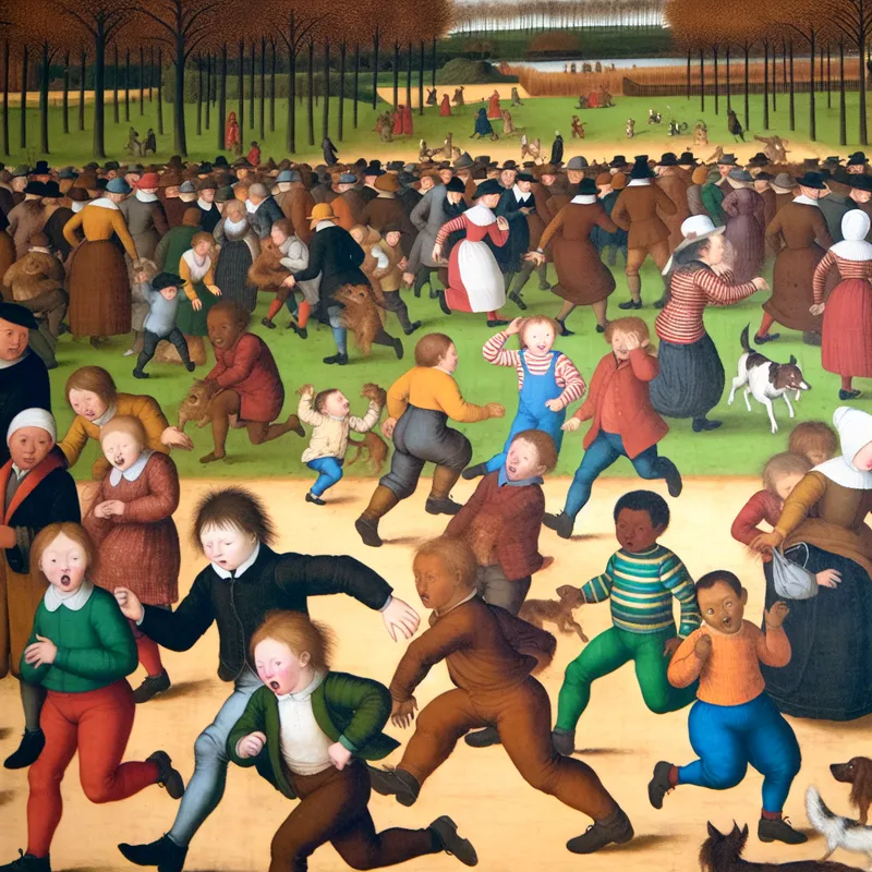 Levendige scène van kinderen die zich snel en ongeduldig voortbewegen in een druk park, in de chaotische stijl van Jan Steen