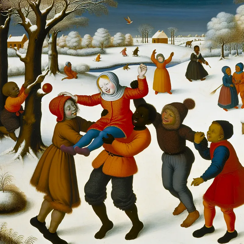 Een groep kinderen helpt een vriend door hem op te tillen om een bal uit een boom te halen in een winters sneeuwlandschap.