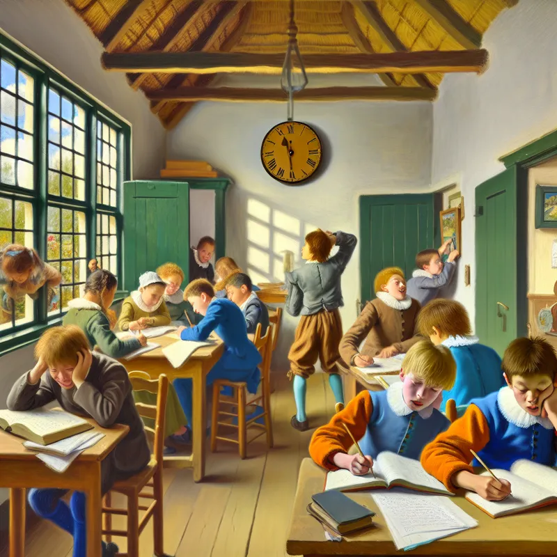 Kinderen in een gezellige Nederlandse woonkamer maken huiswerk aan een tafel, met een klok op de muur en een kind dat verlangend naar vrienden buiten kijkt.