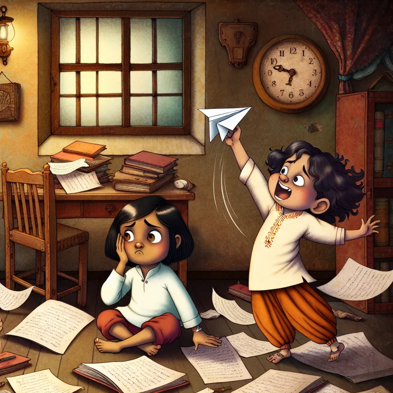 Twee cartoonachtige kinderen in een vintage kamer, één kind is verward terwijl het andere een papieren vliegtuigje van huiswerk gooit.