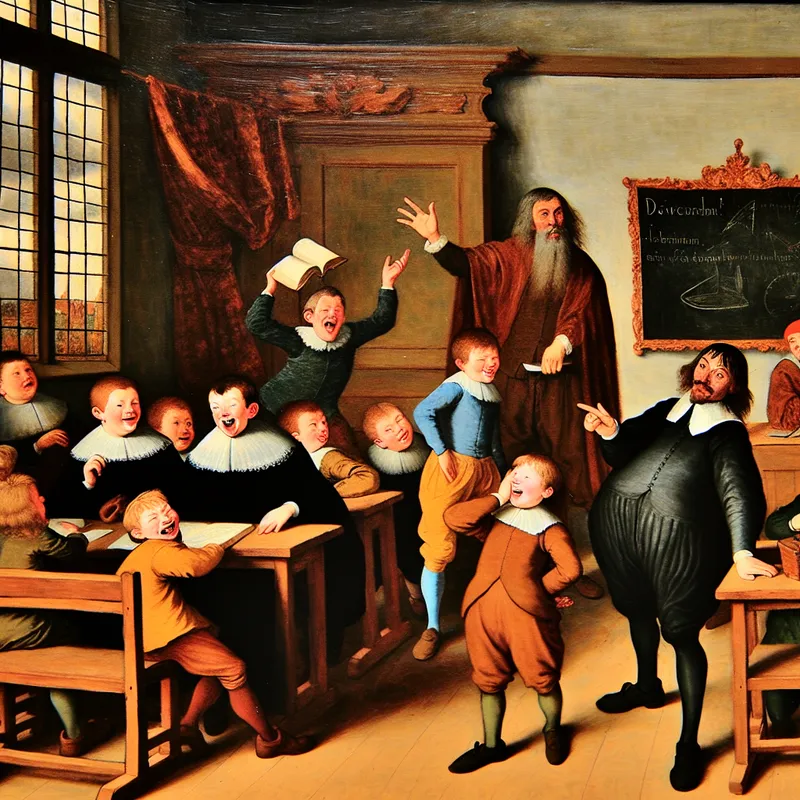 17e-eeuwse Nederlandse klas met kinderen die hun leraar spottend imiteren in de levendige stijl van Frans Hals