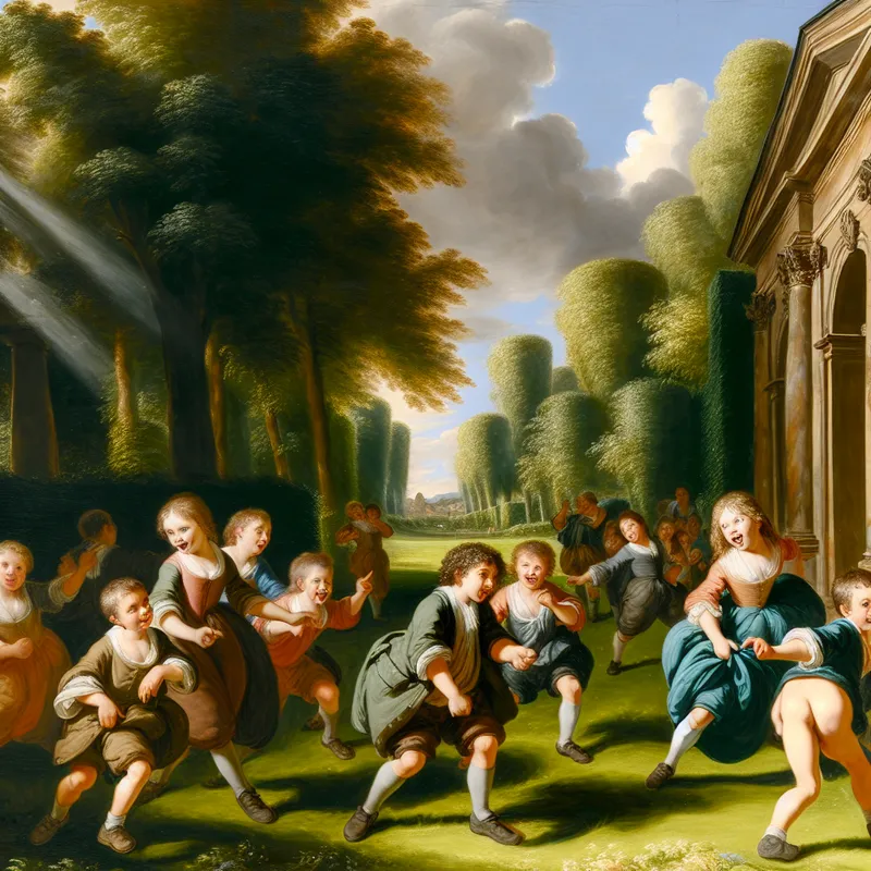 Kinderlijk spel in een levendig park met urgente blije kinderen die naar een toilet wijzen.