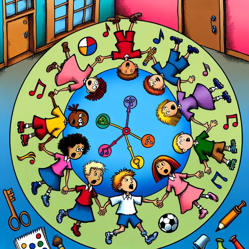 Een kleurrijke cartoon van een diverse groep kinderen rondom een vrolijk schoolhuis, elk met unieke kenmerken en symbolen van hun talenten.