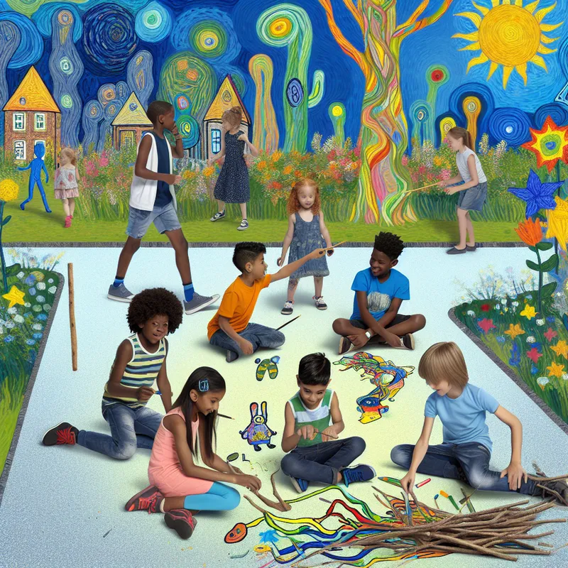 Een groep jonge kinderen speelt samen in een zonnig park, gebruikmakend van een speelse en fantasierijke kindertaal.