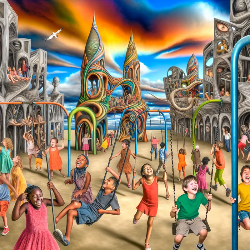 Groep kinderen die vrolijk spelen in een kleurrijke speeltuin met surrealistische architectuur.