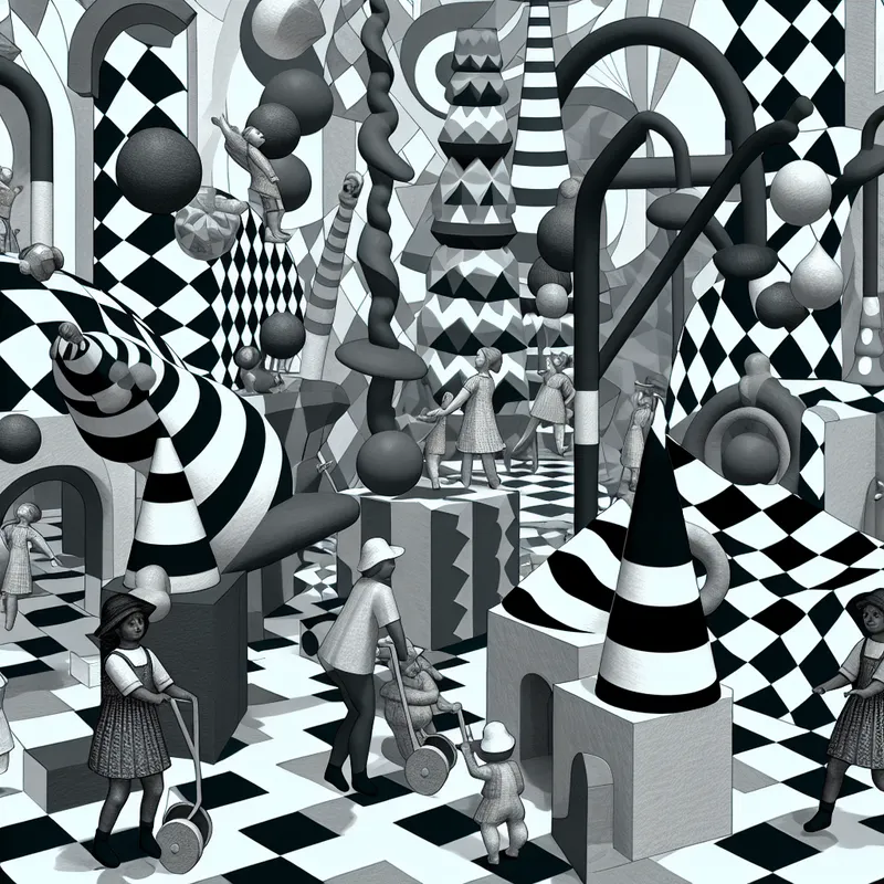 Kinderen spelen in een surrealistische tuin vol oversized en intricately gemaakte speelgoedjes.