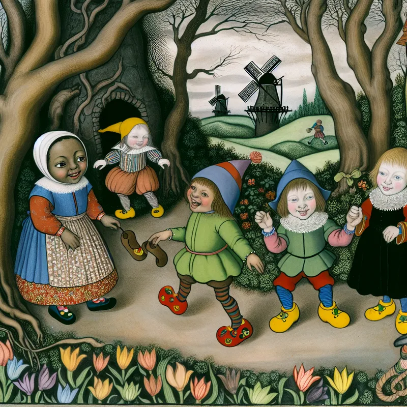 Speelse kinderen in traditionele Nederlandse klederdracht met klompen, spelend in een park vol bloemen en speelgoedmolens.