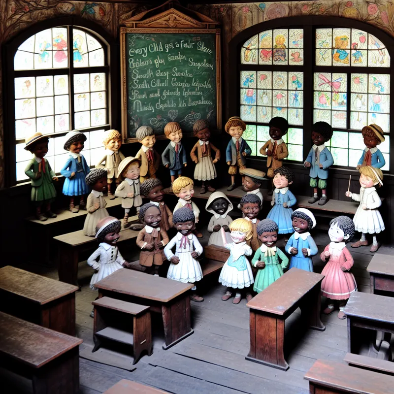 Groep kinderen in een vintage klaslokaal, elk met een kleurrijk lot in hun hand, met een krijtbord op de achtergrond.