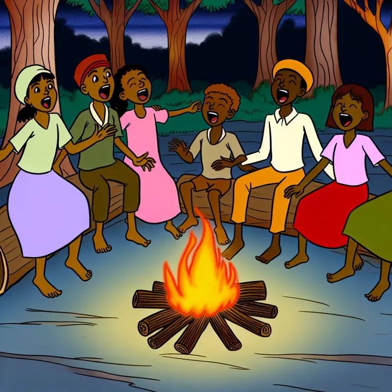 Kinderen zingen vrolijk rondom een kampvuur in een bos bij schemering