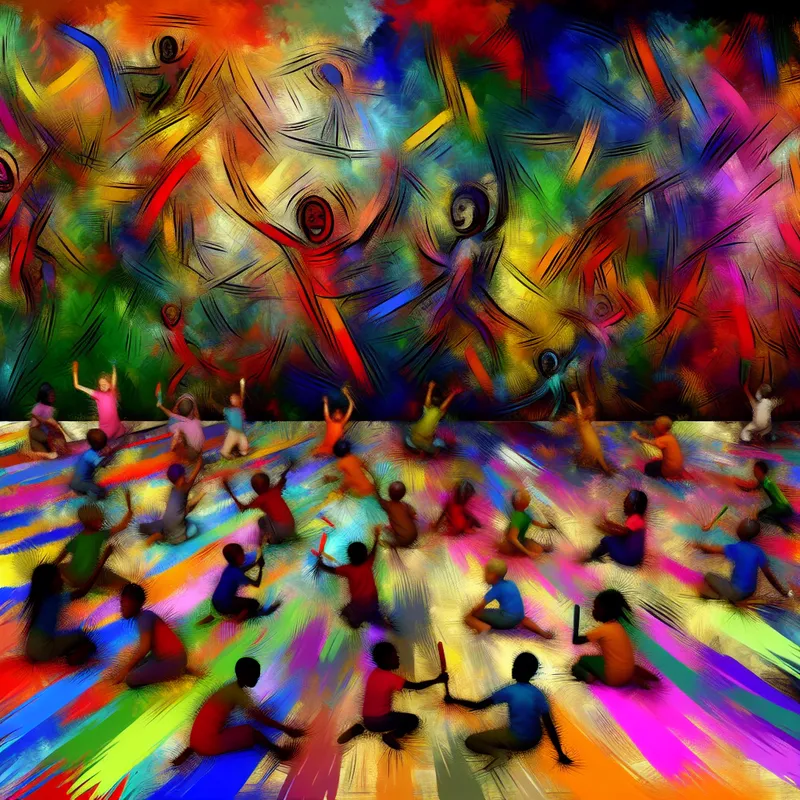 Groep kinderen die met felle krijtjes een grote kleurrijke muur inkleuren in een abstracte, chaotische scène