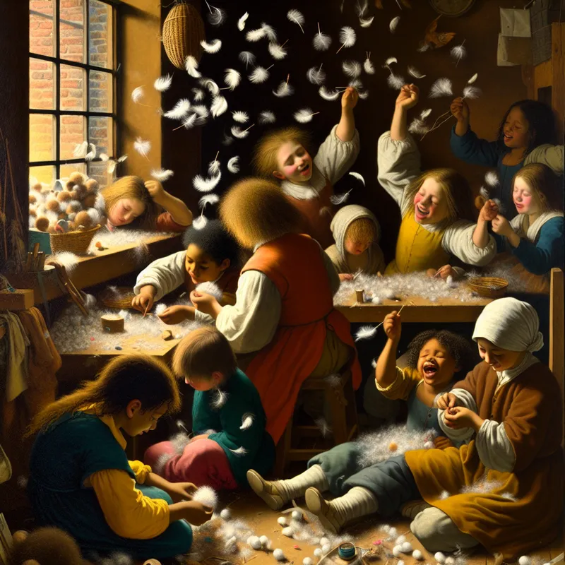 Kinderen creëren vrolijke decoraties met schattige, kleurrijke veertjes in een warme omgeving