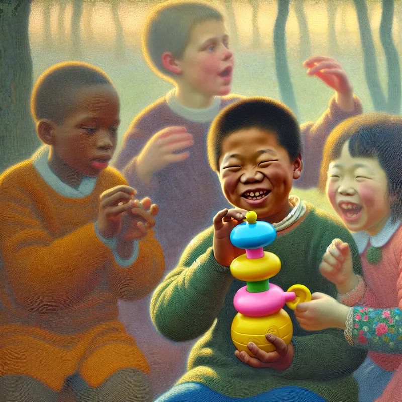 Groep kinderen die speelt met kleurrijke knijpdiertjes in een zonnige speeltuin.