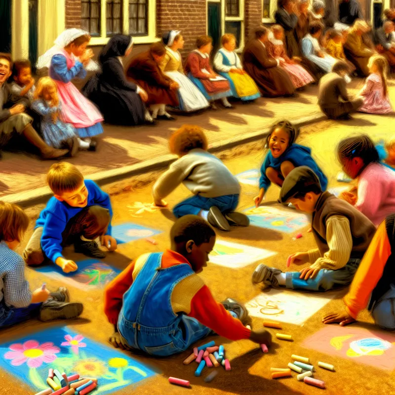 Kinderen die vreugdevol met kleurrijk krijt op de stoep tekenen, omringd door vrolijke tekeningen.
