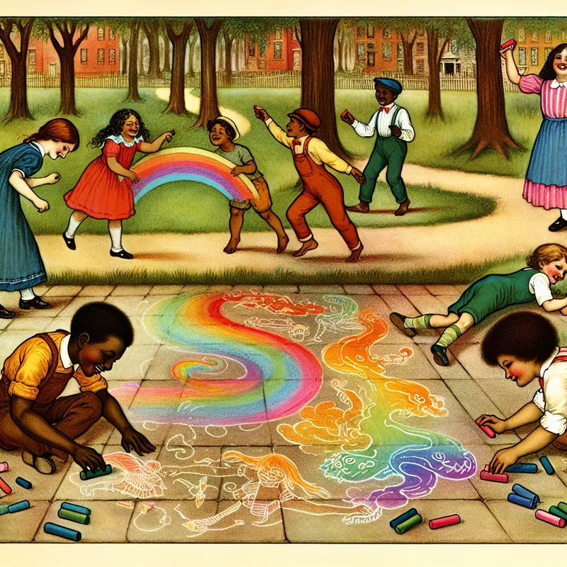 Kinderen spelen met kleurrijke krijtjes in een park, eentje tekent een grote regenboog op het asfalt.