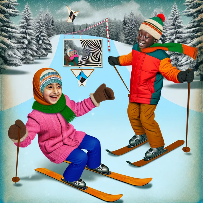 Twee blije kinderen leren skiën op kleine skis in een winterse omgeving met sneeuwbedekte bomen.