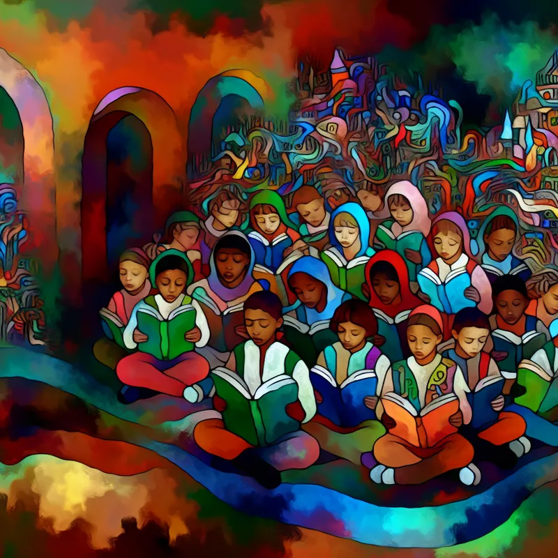 Een levendige scène van een groep kinderen die gefocused een avontuurlijk verhaal lezen in een kleurrijke leeshoek, omringd door speelse illustraties van draken, kastelen en schatten.