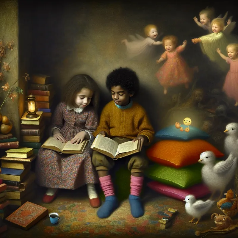 Kinderen verdiept in een verhaalboek over vriendelijke geestjes in een gezellig verlichte kamer.