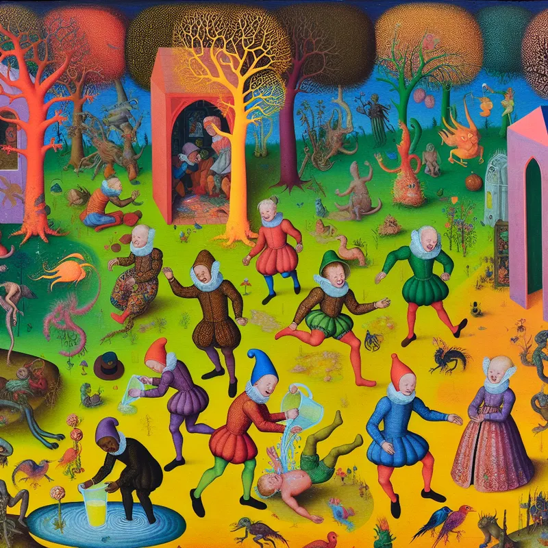 Een speelse en chaotische scène met kinderen die limonade morsen in een levendige achtertuin, omringd door kleurrijke bomen en vreemde wezens.