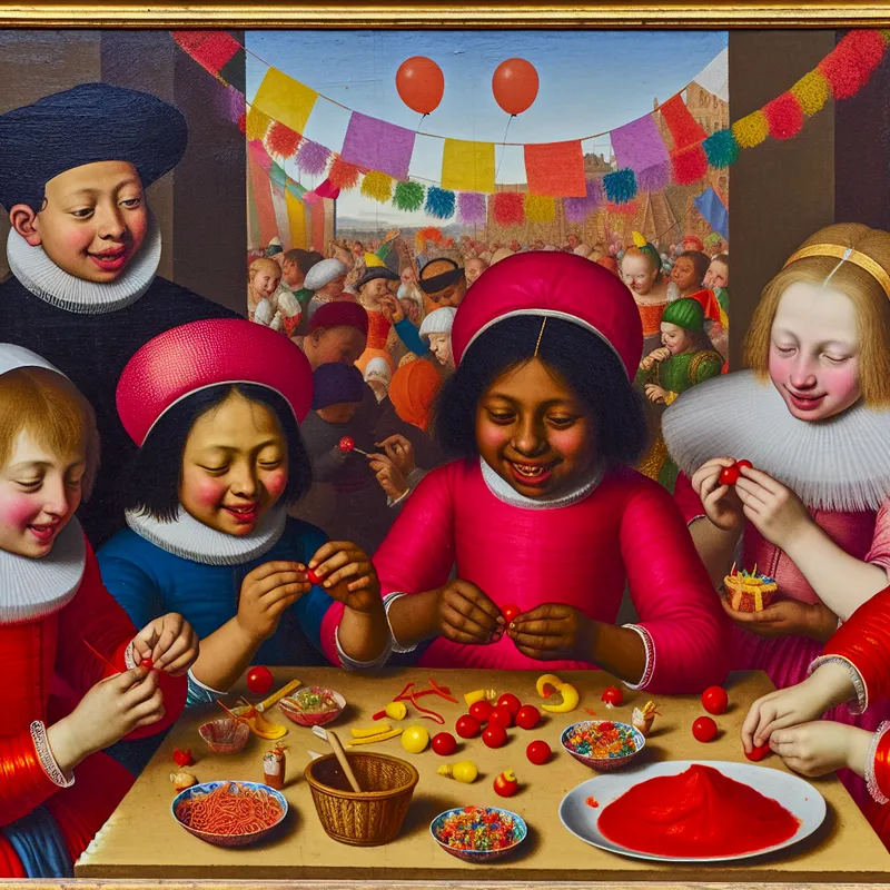 Kinderen maken blije kleine rode snacks voor een feest, omringd door kleurrijke versieringen.