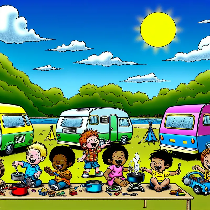 Kinderen spelen vreugdevol met schattige kleine campervans op een zonnige camping.