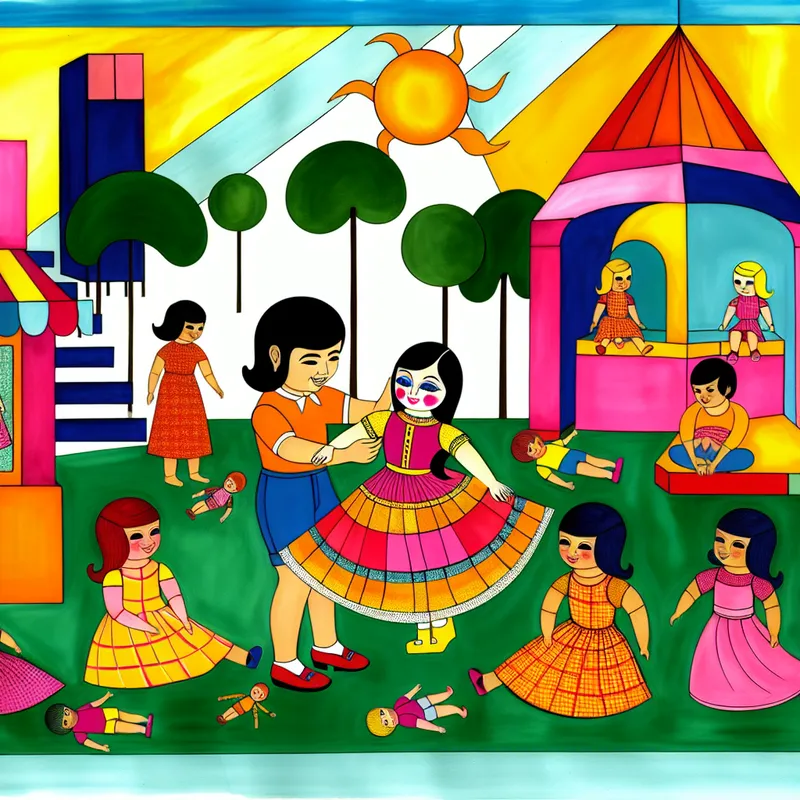 Kinderen spelen vrolijk met kleurrijke poppen in een zonnig park.