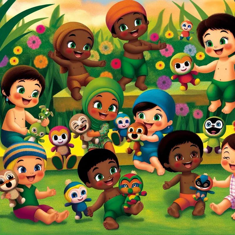 Groep kinderen in een levendig park met unieke mascottes, lachend en spelend te midden van groene bomen en kleurrijke bloemen.