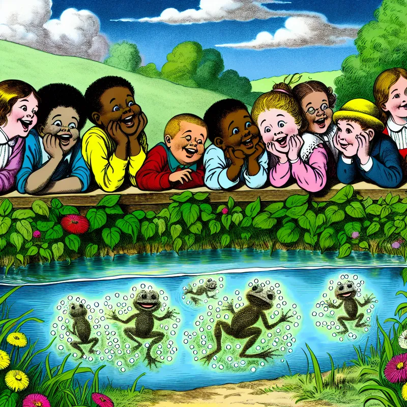 Kinderen kijken enthousiast naar kikkerdril in een vijver