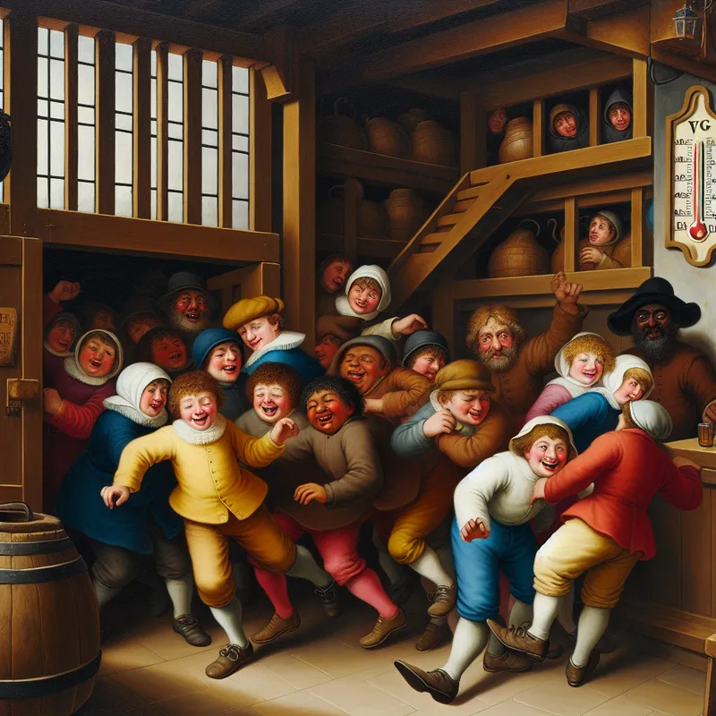 Levendige Nederlandse taverne-scène met kinderen die vrolijk en gratis binnenkomen, terwijl een lachende volwassene toekijkt en een thermometer vorst aangeeft