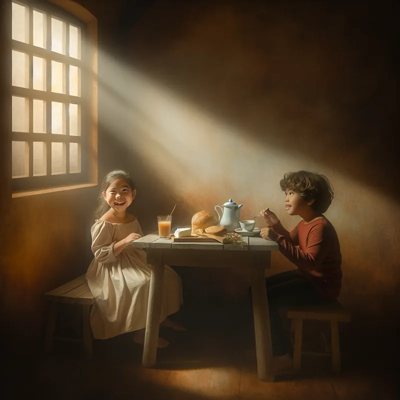 Een warme ochtendmet kinderen die samen aan een klein eettafel zijn, genieten van hun ontbijt van brood en kaas met zonlicht dat door het raam stroomt.