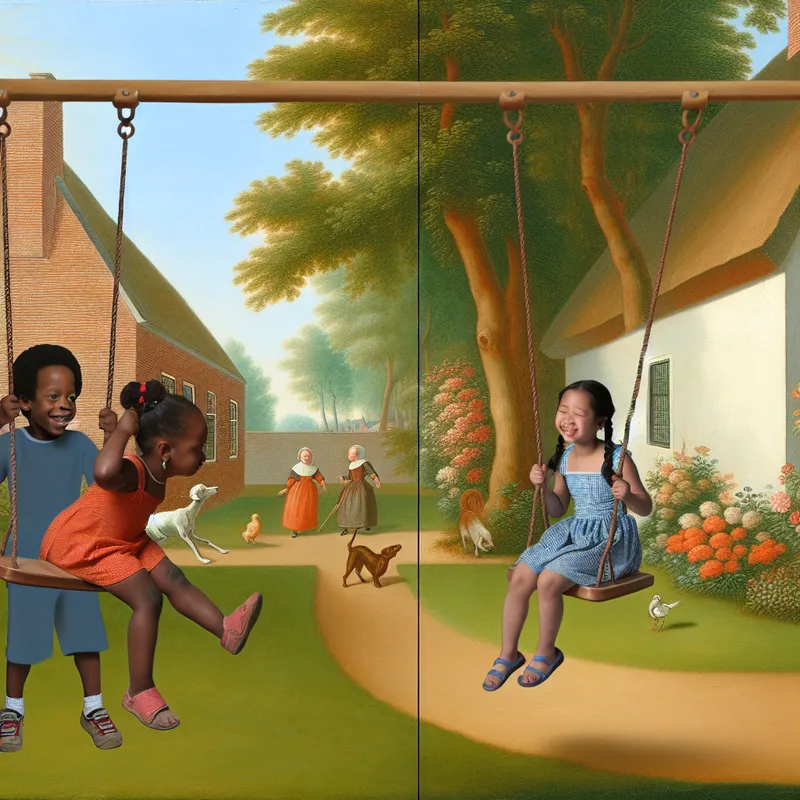 Kinderen spelen gelukkig op een schommel terwijl ze in de lucht zweven in een zonnige tuin vol bloemen en bomen.