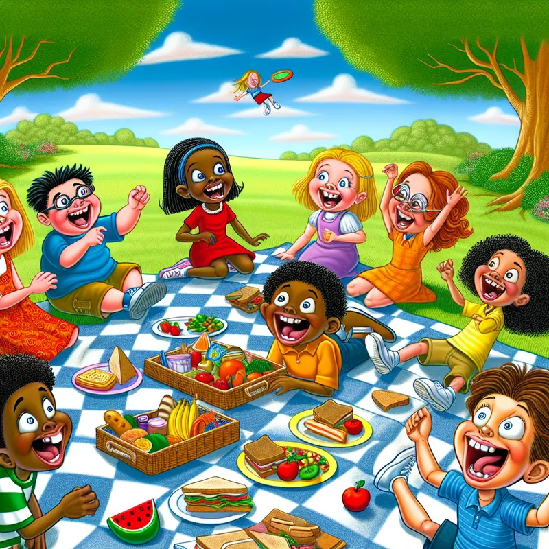 Een groep blije kinderen geniet van een picknick op een zonnige dag met kleurrijke voedselitems en een vrolijk dekentje.
