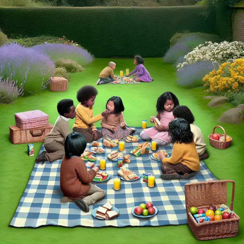 Een klein picknickje voor kinderen met een checkered deken en een mand vol kleurrijke snacks en spelende kinderen op de achtergrond.