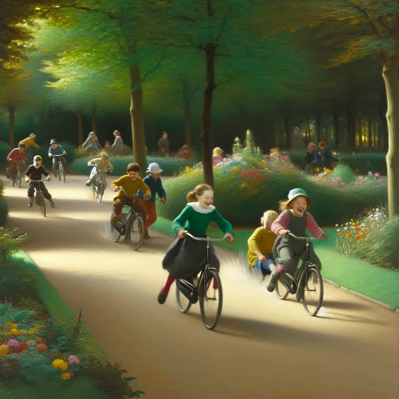 Kinderen racen met hun fietsen in een zonnig park.