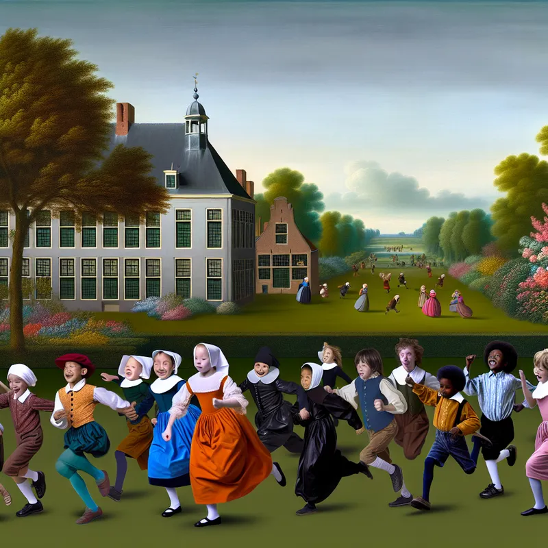 Een groep kinderen rent energiek naar een kleurrijk park na schooltijd.