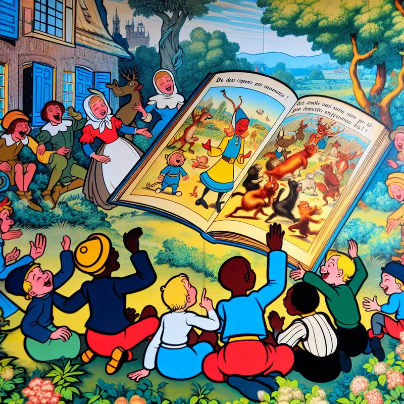 Een kleurrijke en speelse cartoonafbeelding van kinderen rondom een open verhaalboek met dieren die interactie hebben en een les over eerlijkheid leren.