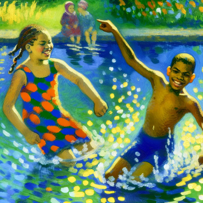 Kinderen die samen in een zwembad zwemmen, een meisje dat een zwemslag uitvoert en een jongen die haar imiteert.