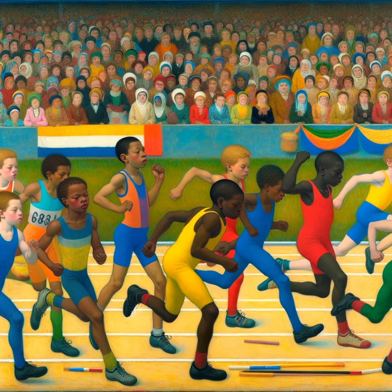 Groep kinderen die deelnemen aan schoolkampioenschappen atletiek, met kleurrijke uniformen en een energieke sfeer.