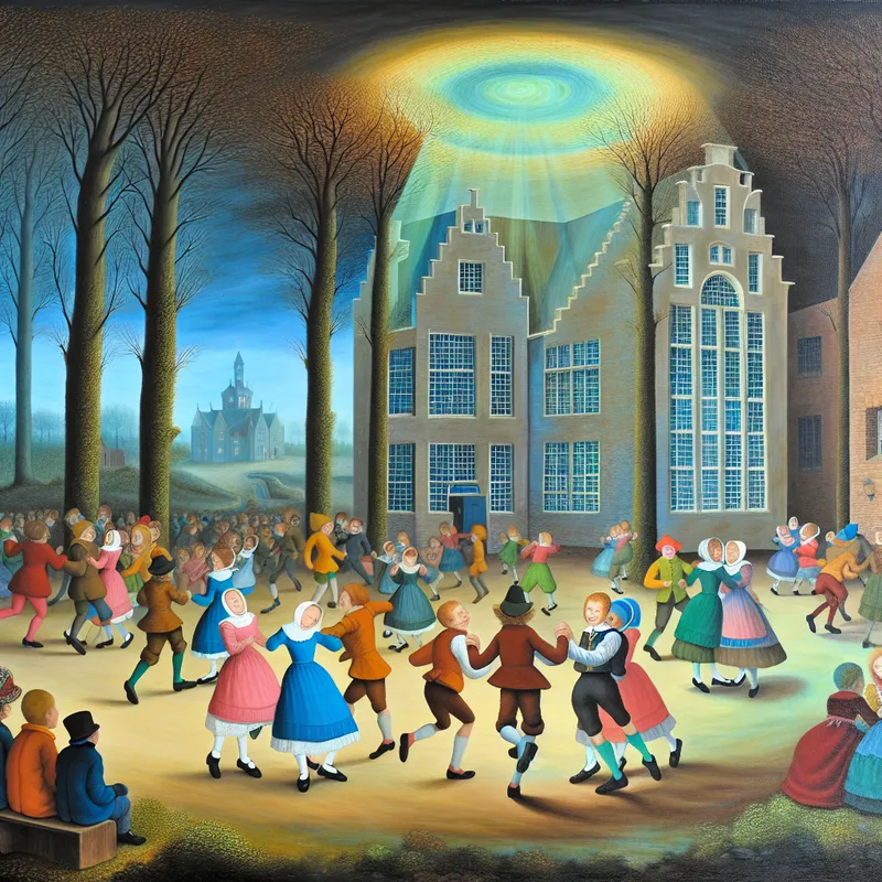 Hyper-realistisch beeld van kinderen die vrolijk een simpele dans leren voor een schoolfeest, met een grootschoolgebouw op de achtergrond.