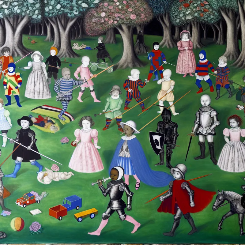 Een groep kinderen in kleurrijke outfits speelt samen in een park, waarbij ze zich voordoen als een klein leger met speelgoedzwaarden en schilden.