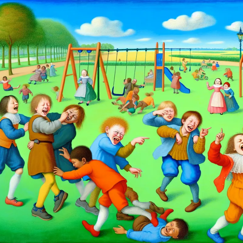 Een levendig speelplaats scene met kinderen die lachen en spelen, met enkele kinderen die grappen maken over plas.