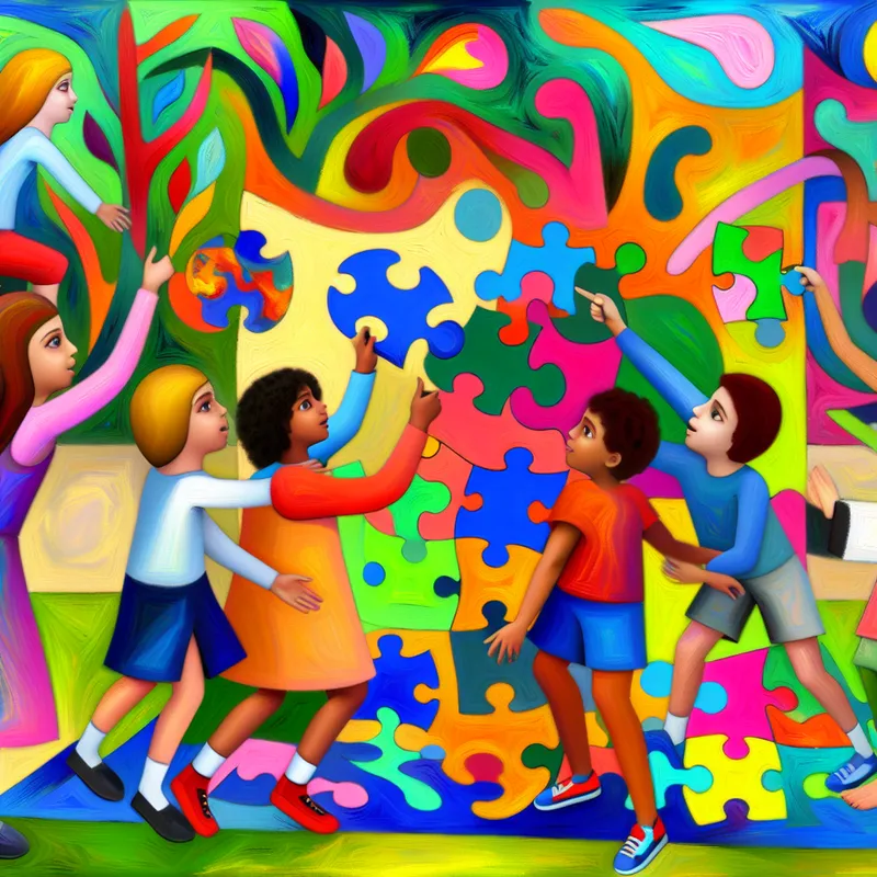 Kinderen spelen met een groot, kleurrijk puzzel in een park, gevuld met abstracte vormen en gevoelens van teamwork.
