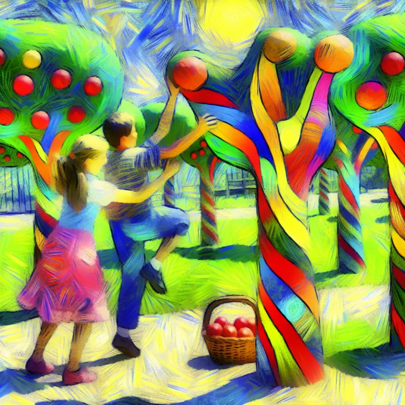 Kind geeft een speelse duw aan een ander kind dat probeert over een kleurrijke muur te klimmen in een zonnige parksetting.