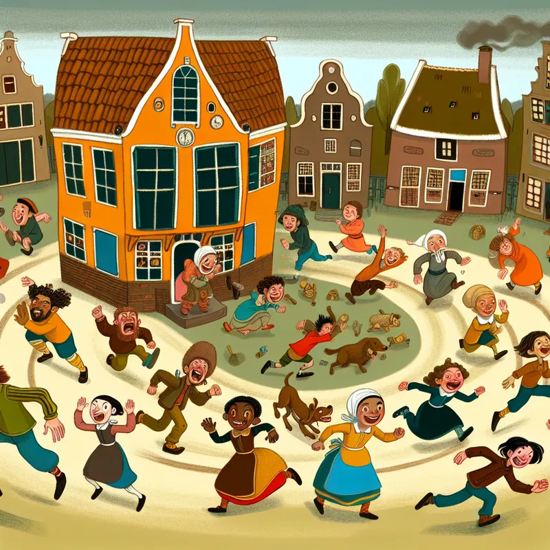 Kinderen rennen speels in een cirkel rond een Nederlands huisje